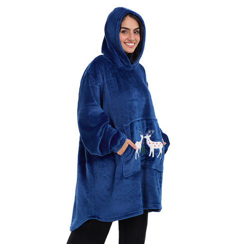 Snuggs Blanket Hoodie Dark Blue Christmas Deer Pocket